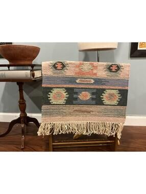 Vintage Handwoven Kilim Southwestern Style Small Wool Area Rug with Fringe